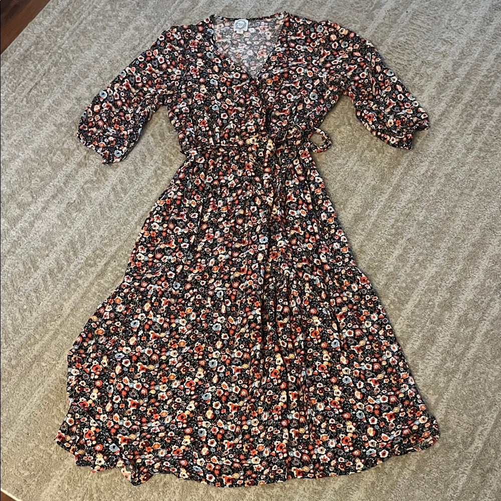 Blue Rain Black Floral Faux Wrap 3/4 Sleeve Dress X-Large